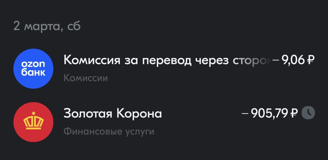 комиссия за перевод Золотой Короной в банке ОЗОН