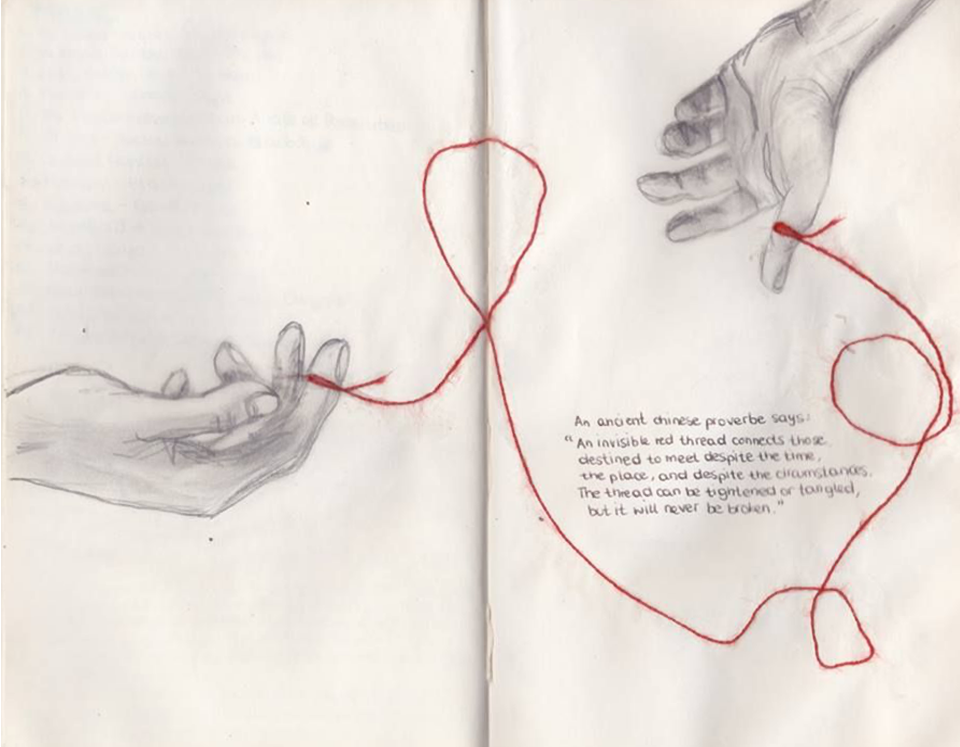 Источник: https://pin.it/6U9SkqWCl; Вольный пер. надписи — Как гласит китайская мудрость: "Невидимой красной нитью соединены те, кому суждено встретиться, несмотря на время, место и обстоятельства. Эта нить может запутаться или растянуться, но никогда не порвется".