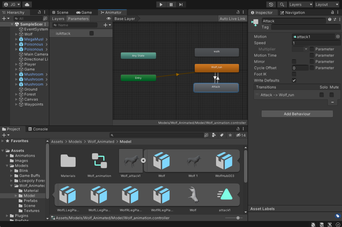 В нашем случае анимации находятся внутри FBX-файла и мы можем пользоваться ими прямо оттуда