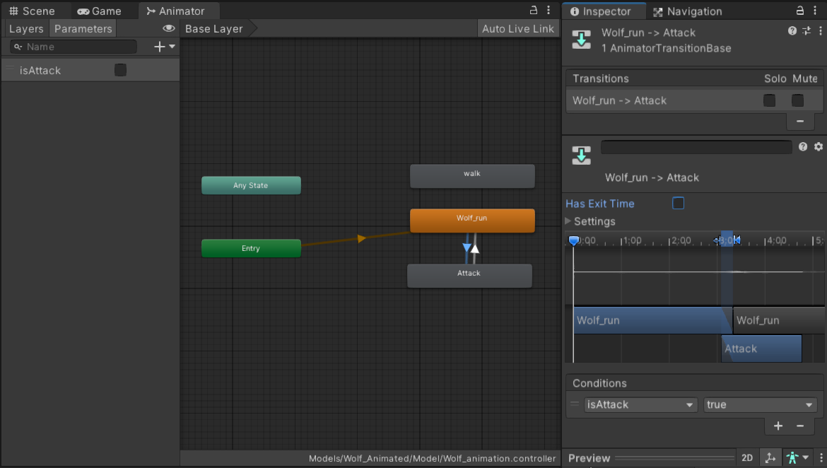 Чтобы анимация начиналась сразу, галочку Has Exit Time лучше убрать, а чтобы проигрывалась до конца, то в обратном переходе галочку лучше оставить 
