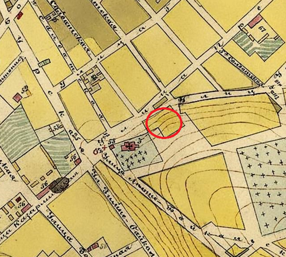 Рис. 2. План Губернского города Иркутска с обозначением проекта на устройство оного. 1869 год. Масштаб 100 саженей в дюйме. Фрагмент. Исследуемая территория выделена красным цветом.