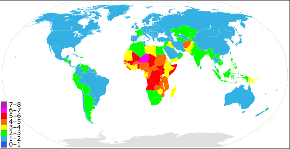 Карта с индексом фертильности (среднее количество рожденных женщиной детей). Источник - wikipedia.org