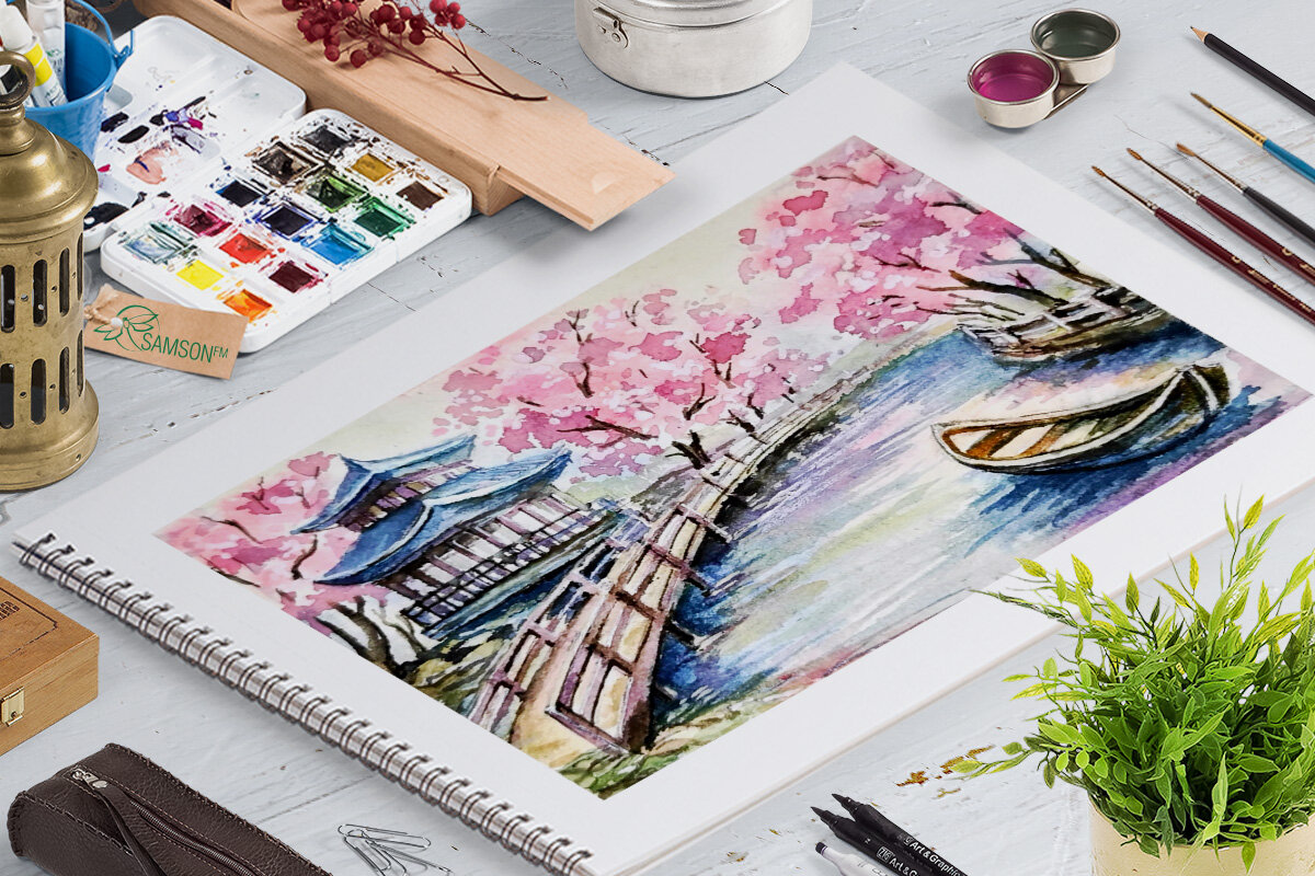 Рисунок создан акварелью по мотивам прогулок по паркам Сеула.