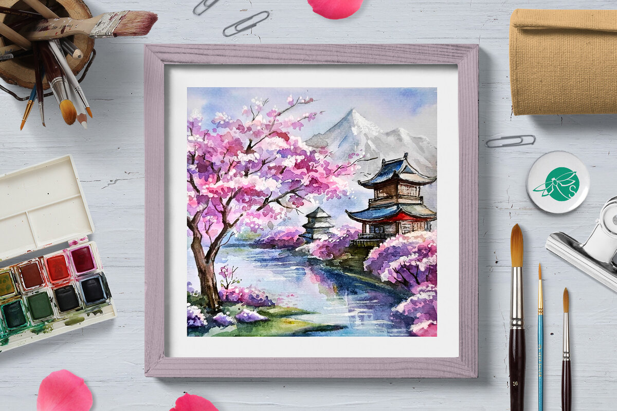 Рисунок создан акварелью по мотивам весеннего ландшафта в старинном корейском стиле.