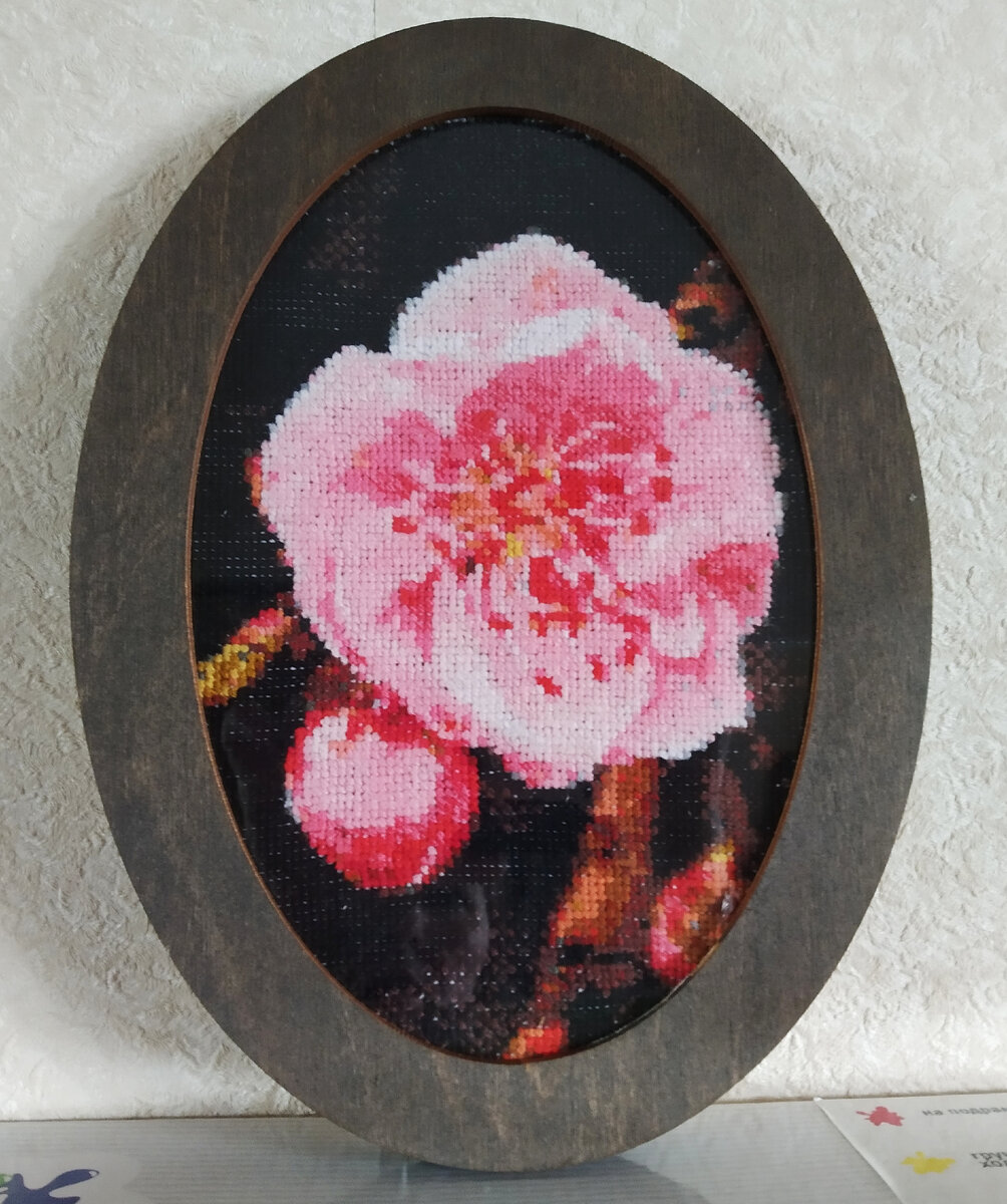 Вышивка крестиком по фотографии. Цветок абрикоса Муме. Одно из первых деревьев цветущих ранней весной в Никитском ботаническом саду, Ялта