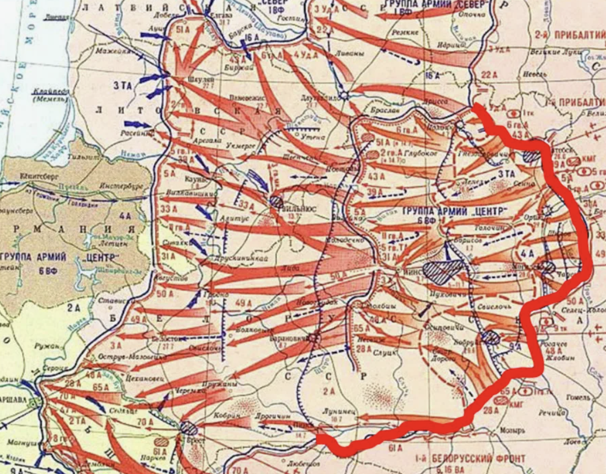 Граница фронта на карте сейчас. Белорусская наступательная операция 1944. Освобождение Белоруссии операция карта. Операция по освобождению Белоруссии 1944. Белорусская операция 1944 года карта Багратион.