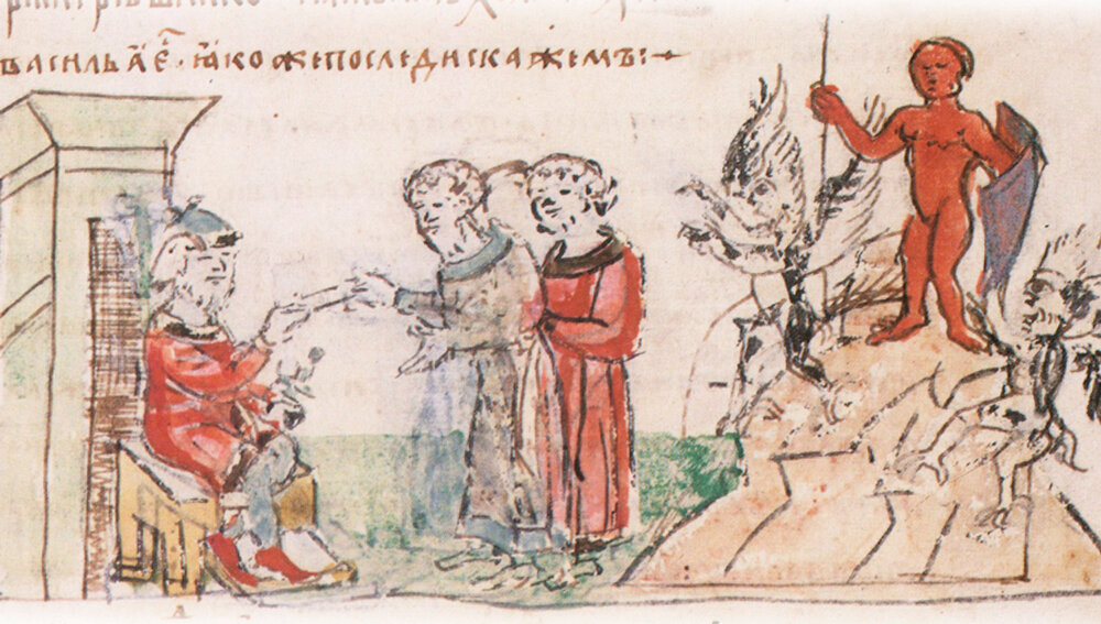 миниатюра из Радзивилловской летописи «Княжение Владимира Святославича в Киеве; воздвижение по его повелению на холме деревянных фигур бога Перуна и других языческих божеств» (конец XV века, библиотека Академии наук в Санкт-Петербурге)