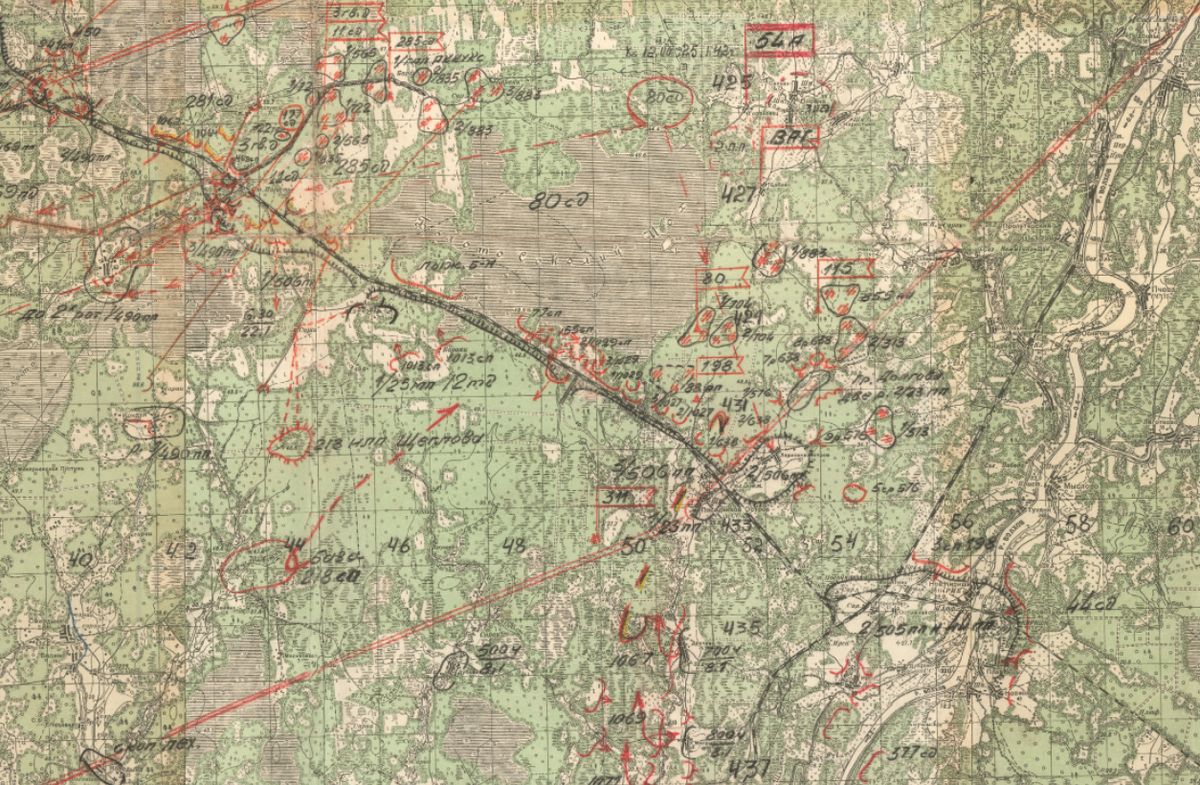 Карта положения войск 54 А на 25 января 1942 г. Карта отображает динамику событий за несколько дней до 25 января, потому не очень легко понять конечную ситуацию, но общее представление даёт.
