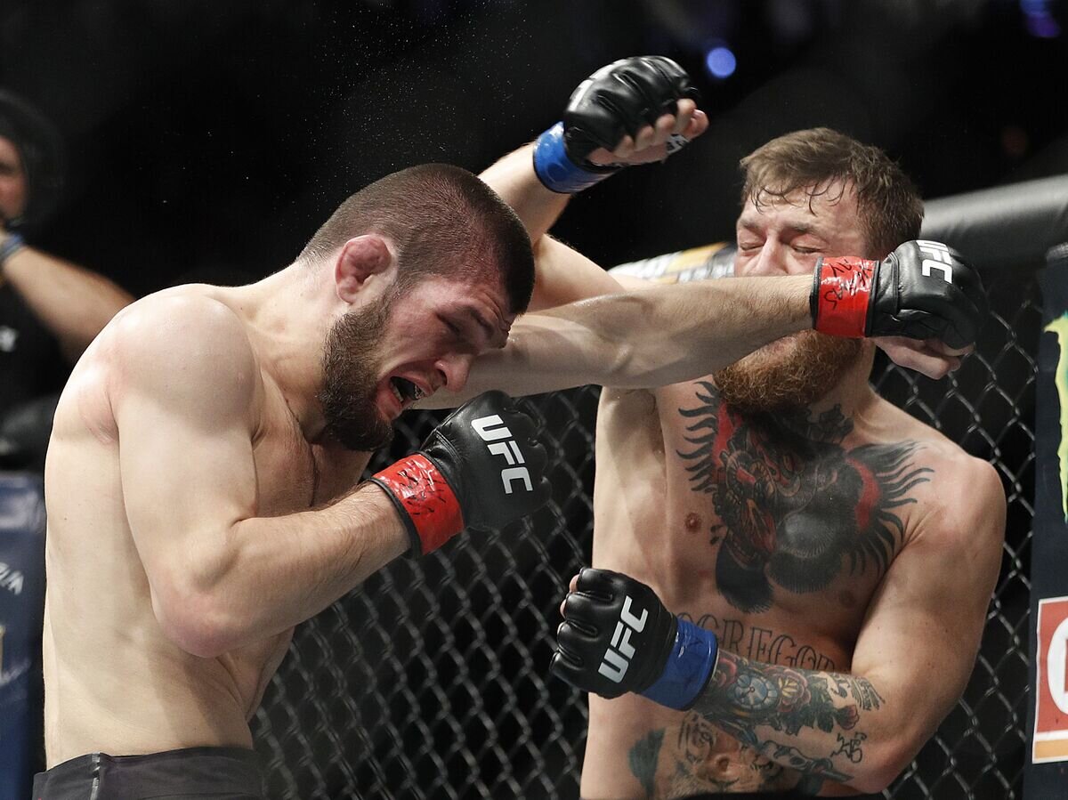    Хабиб Нурмагомедов и Конор Макгрегор во время боя в Лас-Вегасе© AP Photo / John Locher