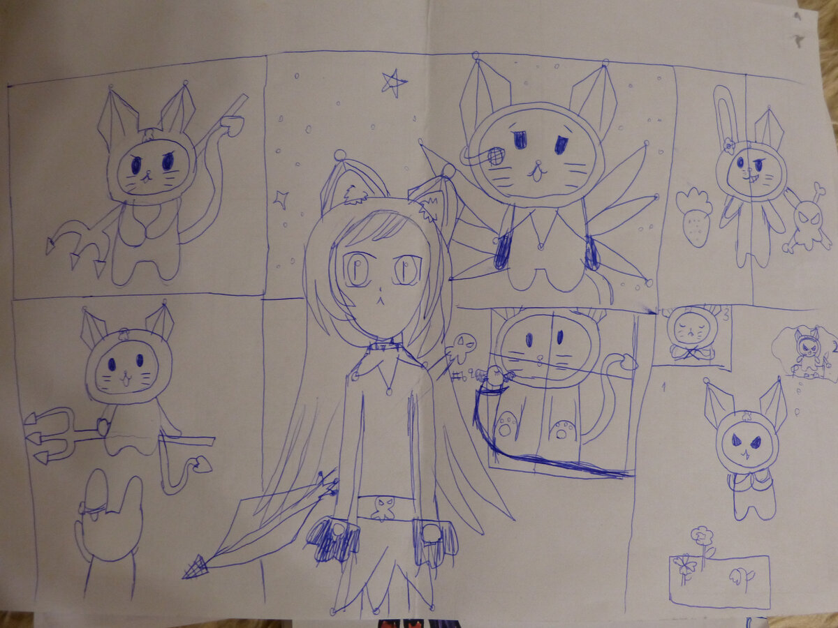 Лена рисовала Куроми (вроде так это существо зовут)). Получился целый комикс. Если не сложно, оцените в комментах, дочь очень любит, когда вы пишете про ее рисунки. Фото мое