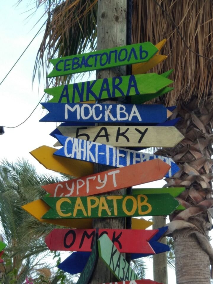 Географический указатель в турецком отеле. Фото Кирилла Сомова.