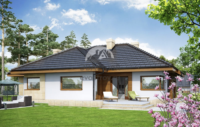 Проект одноэтажного большого дома 140 м2 с гаражом и террасой - 104-56