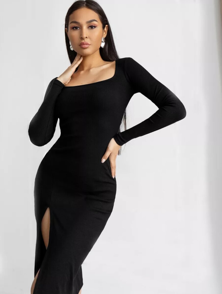 Стильное приталенное женственное платье - отличное дополнение к базовому гардеробу. Облегающее платье прямого кроя с длинными рукавами классический вариант одежды для каждой женщины в любом возрасте. Обтягивающее шикарное миди по фигуре с разрезом на ногах - популярный тренд 2024 года.