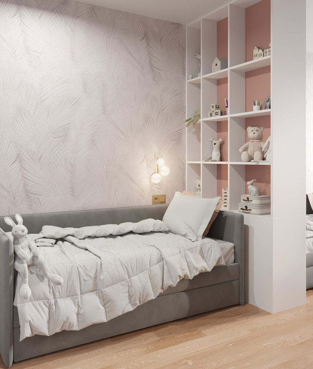 Визуализация детской для двух девочек разных возрастов. Ракурс на кровать младшей девочки.