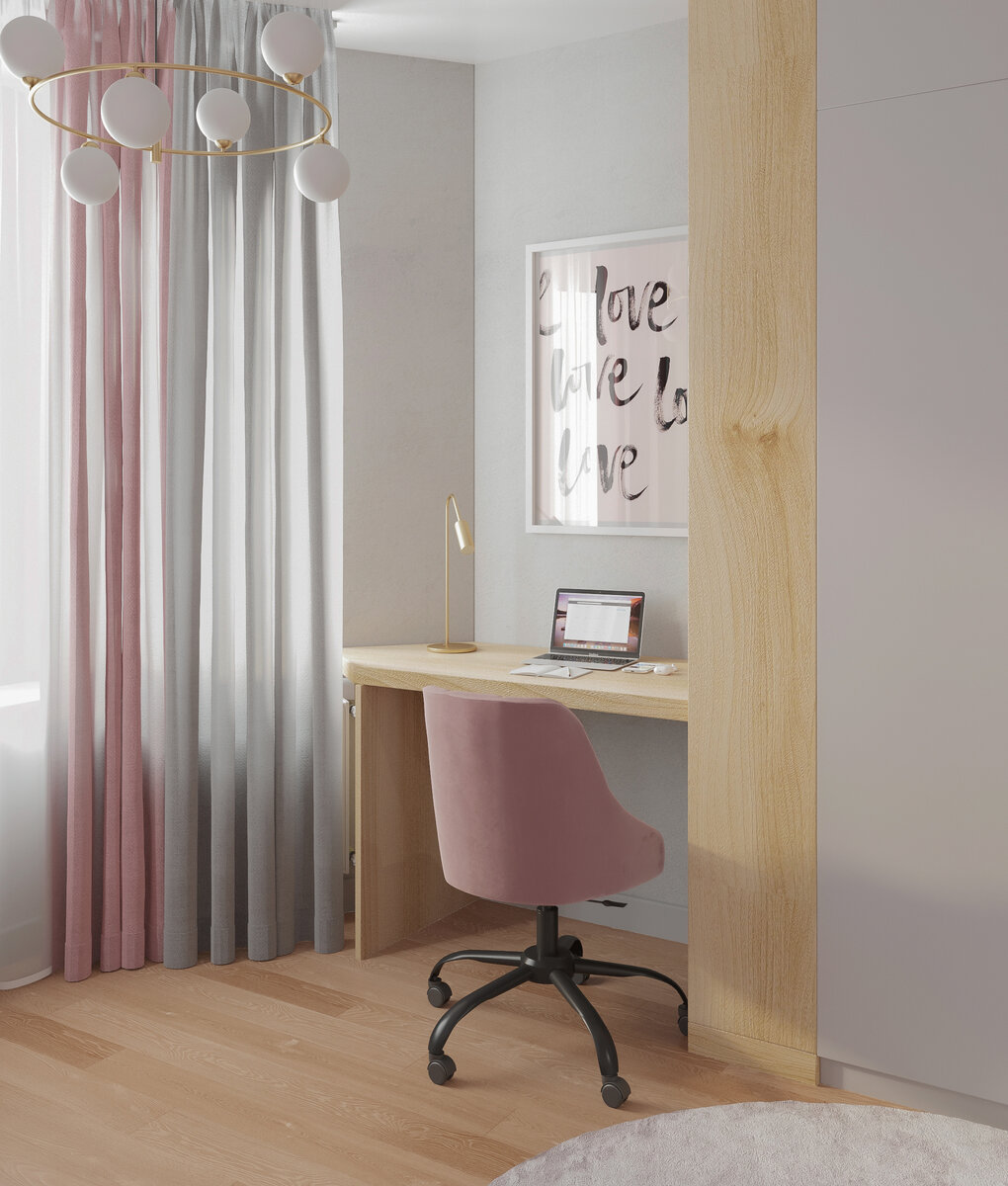 Рабочее место для старшей дочки. Справа от стола - полки (деревянные)