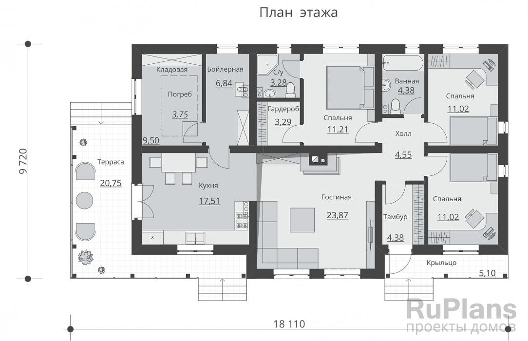 Проекты одноэтажных домов до 100 из газобетона с террасой