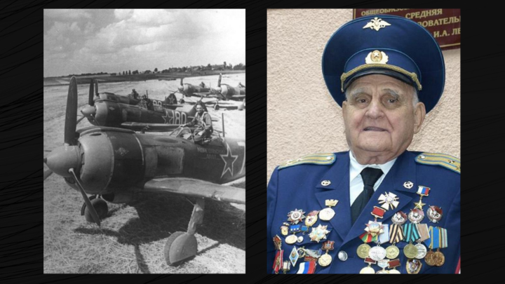 Советские истребители Ла-5 — на такой же машине воевал и Леонов. И Иван Леонов у школы №70 города Тулы, которая названа его именем.