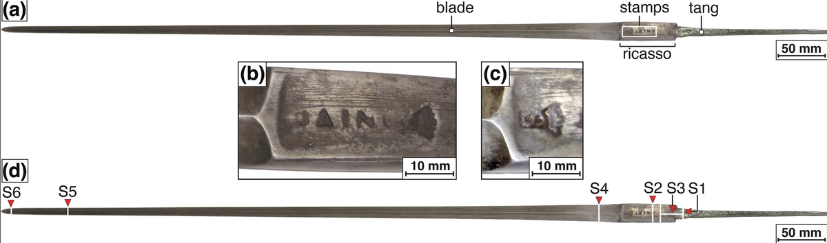 Клинок рапиры с клеймами и местами взятия проб. По Мерико и др., 2024 