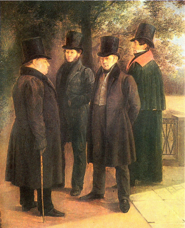 Пушкин, Крылов, Жуковский и Гнедич в Летнем саду. 1832. Худ. Г. Чернецов