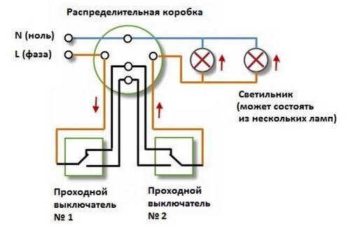 Схема подключения проходного выключателя.