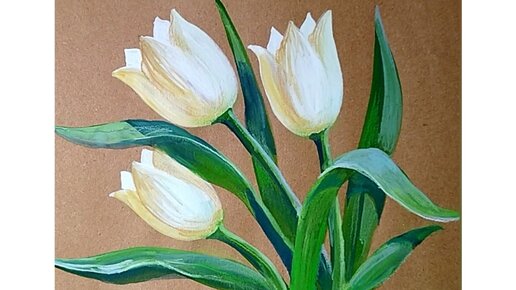 🌷🌷🌷В день тюльпанов, рисуем белые цветы гуашью на крафтовой бумаге.