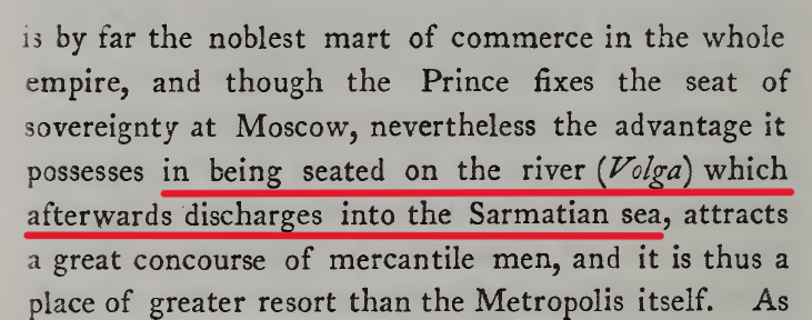 Подчеркнуто «…расположенный на реке (Волга), которая затем впадает в Сарматское море».