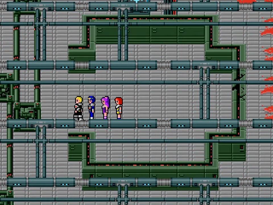 Вот так выглядит игра, 16-битная графика, камера не статичная, перемещается с персонажами. Персонажи ходят змейкой. Кстати, на скрине может показаться, что это платформер, но это не так, просто на переднем плане часто прорисованы какие-нибудь элементы, отдельным слоем накладывающимся на локации. Здесь, например, трубы и балки на потолке