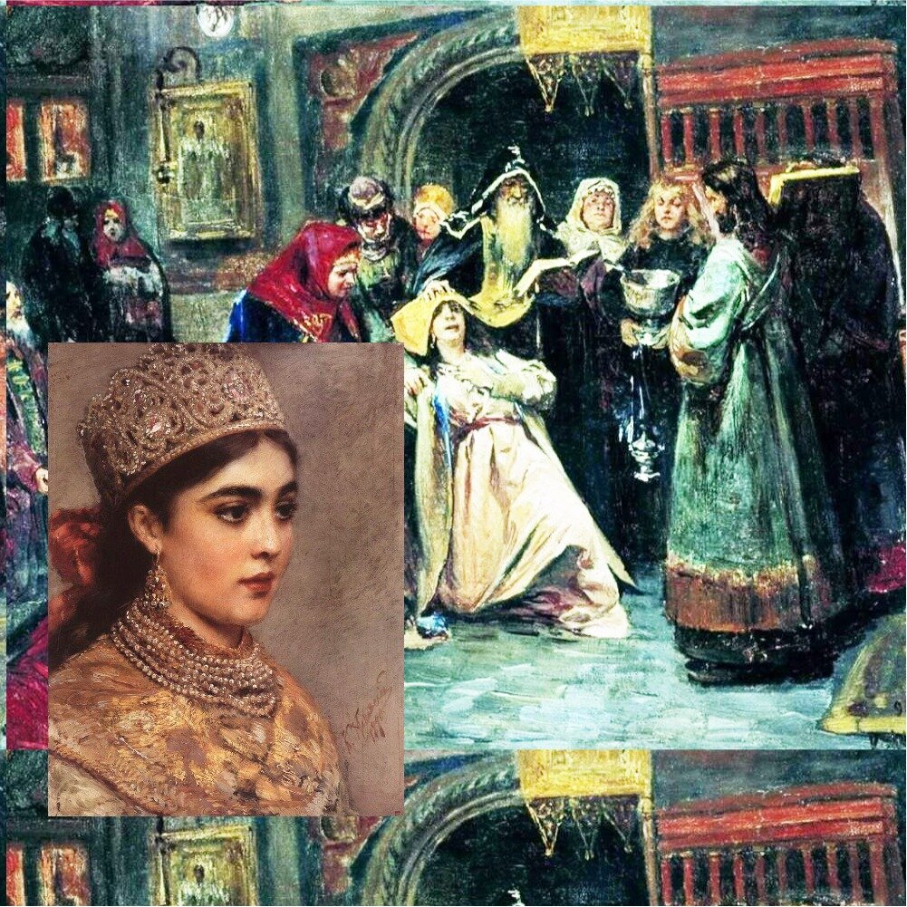 К. Маковский "Боярышня". Не является портретом царицы Евдокии, используется в качестве иллюстрации. К. Лебедев "Насильственный постриг"