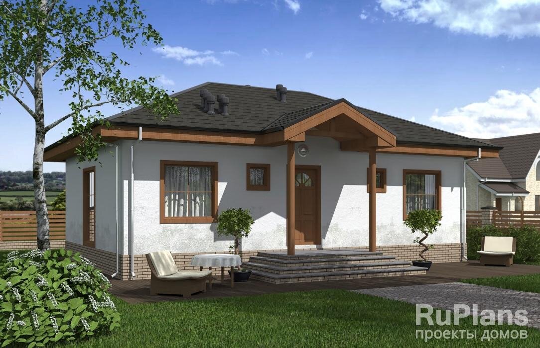 Характеристики проекта Общая площадь  82,6 кв.м
Жилая площадь  59,2 кв.м
Размеры дома  8 x 12 м
Высота здания  6,1 м
Количество комнат  4
Количество спален  3
Отделка  штукатурка
Материал стен  каркас
Фундамент  свайный
Перекрытия  балки