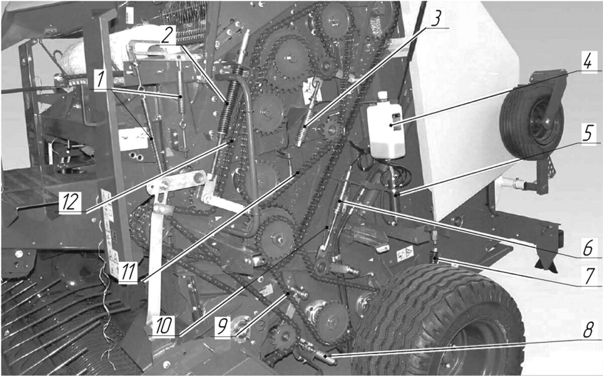 Рисунок 2 - Общий вид пресс-подбощика (левая сторона без шпагатных ящиков). 1 - натяжители тормоза рулона сетки; 2 - натяжитель основной приводной цепи; 3 - натяжитель цепи привода верхних передних валков; 4 - бачок для смазочного масла; 5 - распределитель смазочного масла; 6 - натяжитель цепи привода нижних передних валков; 7 - пружина рампы выгрузки рулонов; 8 - натяжитель цепи привода ротора; 9 - цепь привода нижних передних валков; 1 О - цепь привода реверсивного доводчика; 11 - цепь привода верхних передних валков; 12- основная цепь привода валков 