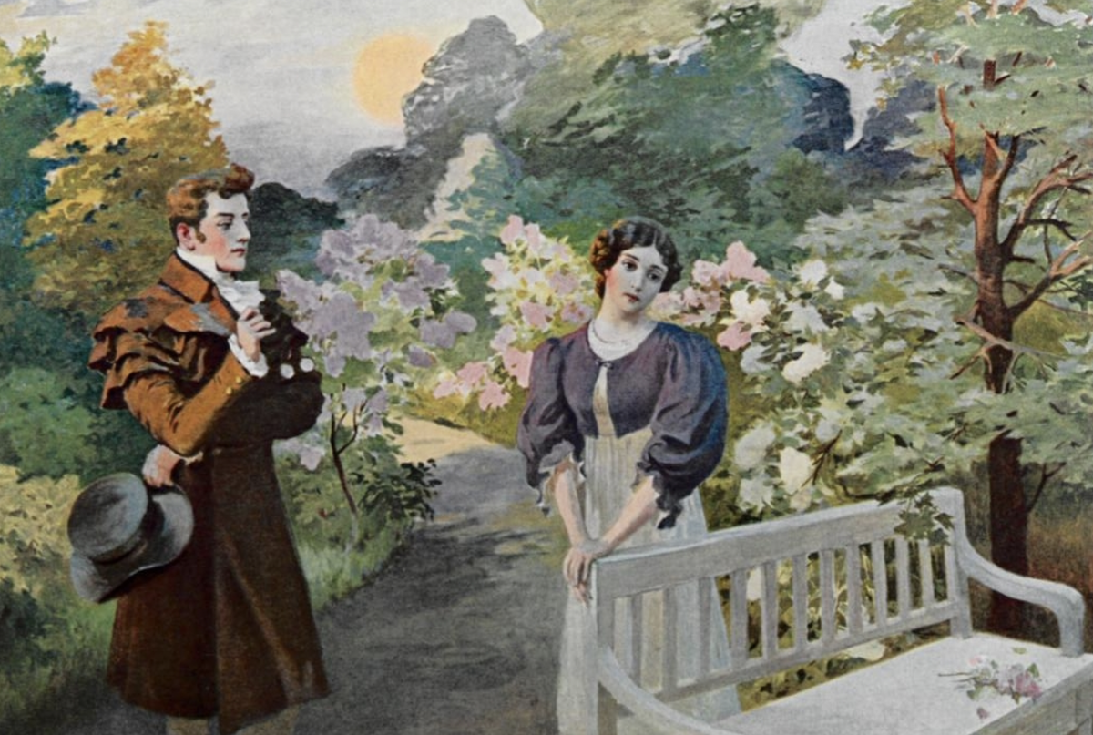© Евгений и Татьяна — встреча в саду. Иллюстрация Е. П. Самокиш-Судковской, 1908 год / Public Domain 