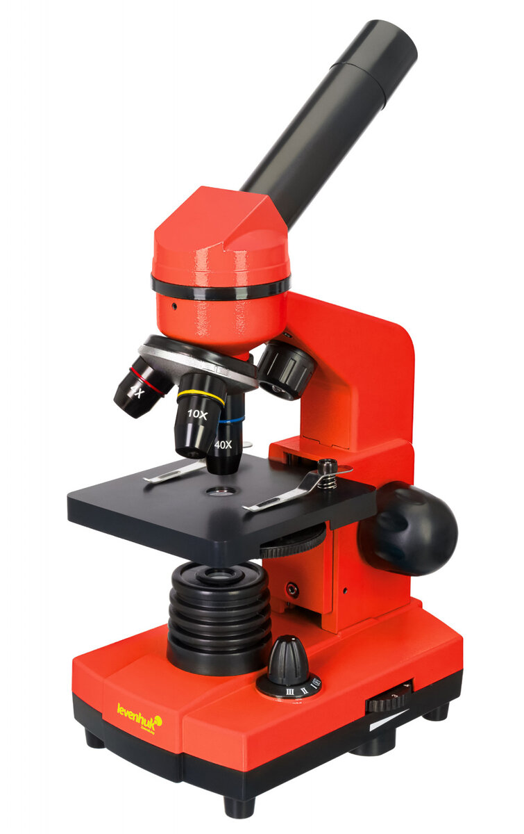 Яркий современный микроскоп Levenhuk Rainbow 2L Orange\Апельсин понравится любому школьнику! С помощью этого микроскопа ребенок откроет множество удивительных тайн микромира. В комплекте есть все необходимое для проведения увлекательных опытов. Благодаря необычному оформлению микроскоп станет прекрасным подарком для подростка. Оптика
Оптические элементы изготовлены из стекла высокой прозрачности, благодаря чему картинка не искажается. На линзы нанесено многослойное просветляющее покрытие – оно повышает светопропускание оптики и улучшает качество изображения. Три объектива позволяют получить широкий диапазон увеличений – от 40 до 400 крат. Чтобы поменять кратность, нужно просто повернуть револьверное устройство.