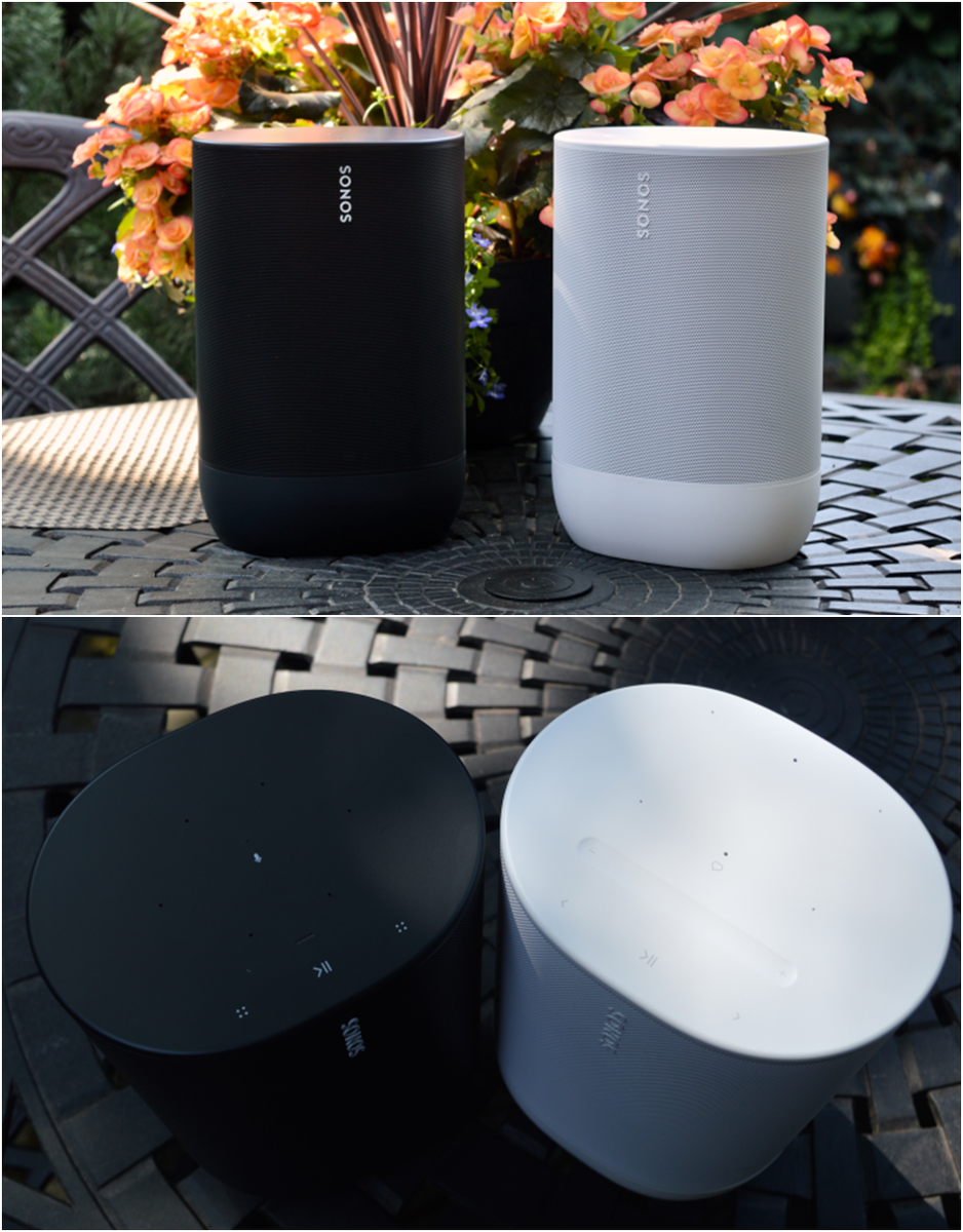 Sonos Move 2 (белый) имеет специальный сенсорный регулятор уровня громкости. Также на фото Sonos Move (Gen 1)