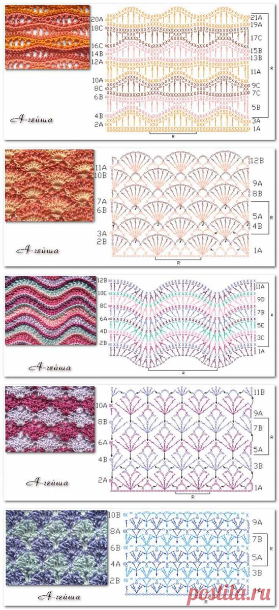 Разноцветные узоры крючком со схемами