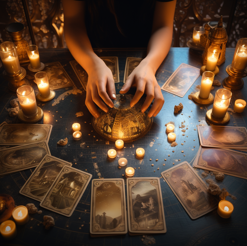 Сеанс гадания на картах. Иллюстрация сгенерирована нейросетью