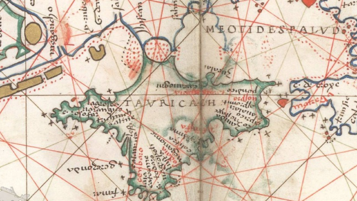 Карта Крымского полуострова и Керченского пролива из атласа BATTISTA AGNESE, PORTOLAN ATLAS Italy, ca. (1550 год). Источник: https://krymoteka.ru/