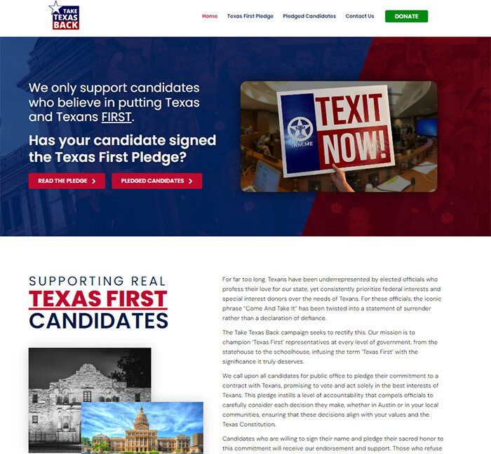 "ВЕРНЁМ ТЕХАС НАЗАД" — СУТЬ ДВИЖЕНИЯ: "ЗАБЕРЕМ ТЕХАС НАЗАД" — СОЗДАННОЕ В ШТАТЕ ТЕХАС НЕФОРМАЛЬНОЕ ОБЩЕСТВЕННОЕ ДВИЖЕНИЕ КАНДИДАТОВ НА ВЫБОРНЫЕ ДОЛЖНОСТИ РАЗНЫХ УРОВНЕЙ. ОНИ ОБЕЩАЮТ СТАВИТЬ ИНТЕРЕСЫ ТЕХАСА ВЫШЕ ИНТЕРЕСОВ ВСЕГО ГОСУДАРСТВА И ПРОВЕСТИ РЕФЕРЕНДУМ ПО ОТДЕЛЕНИЮ ШТАТА ОТ США. СКРИНОТ С САЙТА TAKETEXASBACK.COM