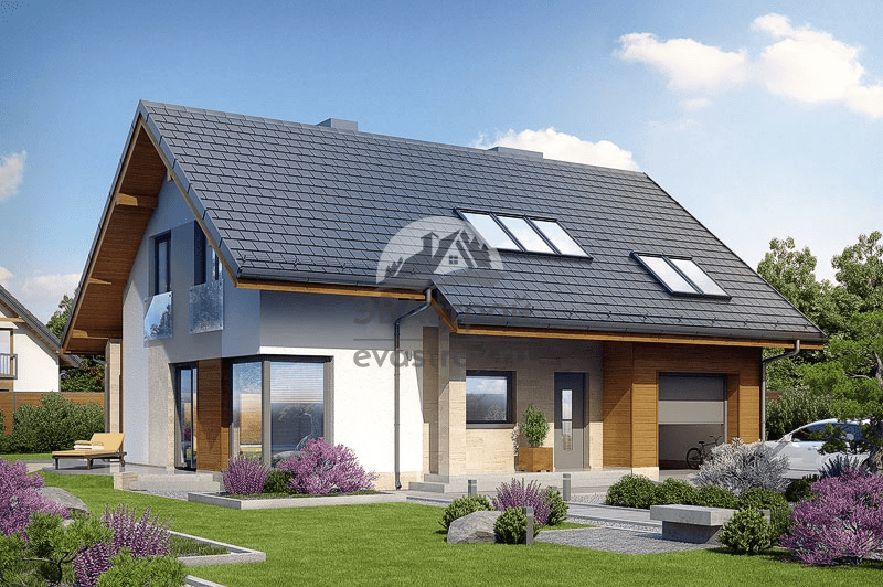 Проект дачного дома 160 м2 с мансардой, гаражом и террасой - 104-65