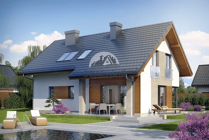 Проект дачного дома 160 м2 с мансардой, гаражом и террасой - 104-65