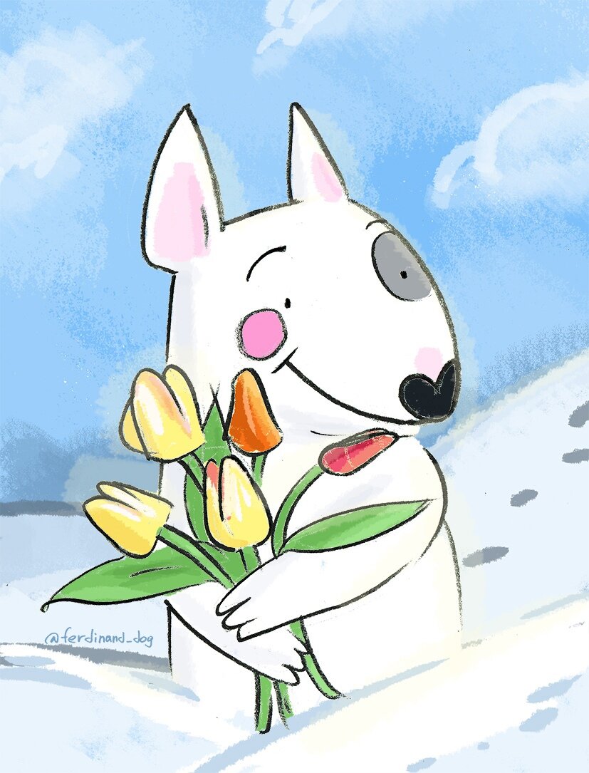 Бультерьер с тюльпанами 