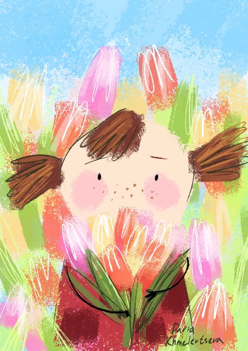 Автопортрет в тюльпанах. Скетч в адобе фреско 