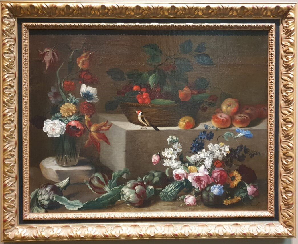 Джовани Станки 1608-1675  Натюрморт с цветами, фркутами, артишоками и птичкой