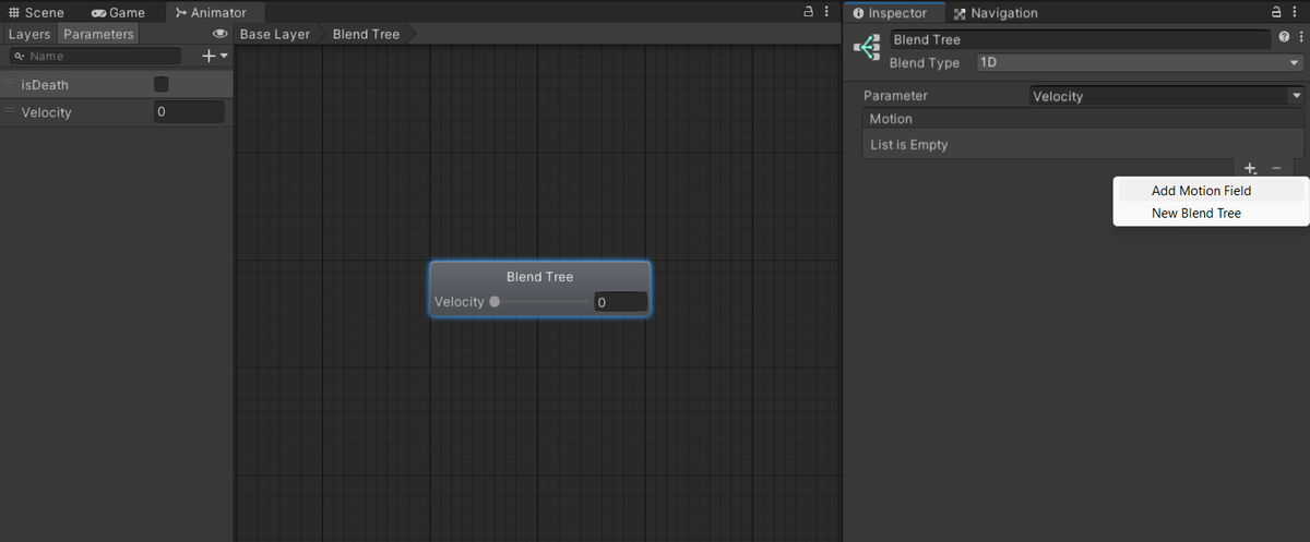 По умолчанию параметром Blend Tree стал наш параметр скорости Velocity, потому что никаких других числовых параметров в нашем аниматоре нет. Если же их будет много, то можно выбрать нужный в инспекторе, в поле Parameter.