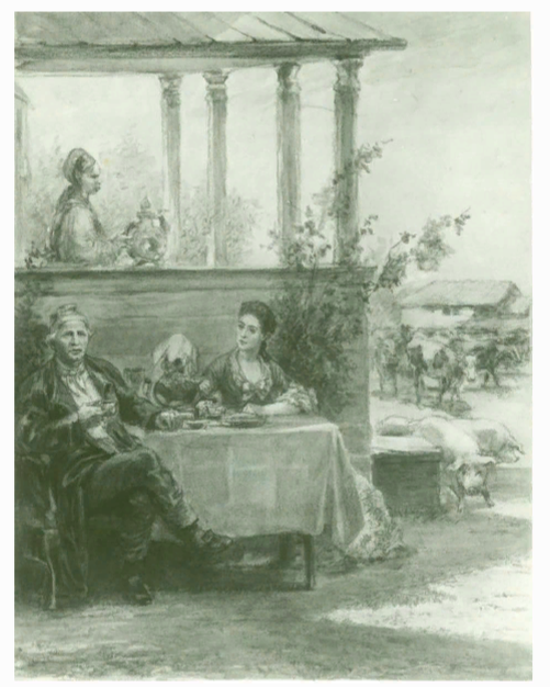 Клементьева Ксения Александровна Степан Михайлович и Софья Николаевна за утренним чаем. Иллюстрации к произведению С.Т.Аксакова "Семейная хроника" 1955 г. Из собрания Музея-заповедника "Абрамцево"