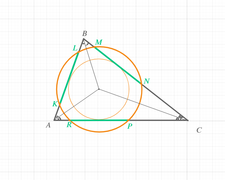5. ★☆☆ Окружность отсекает на всех сторонах треугольника равные хорды. Докажите, что центр этой окружности лежит на пересечении биссектрис треугольника 