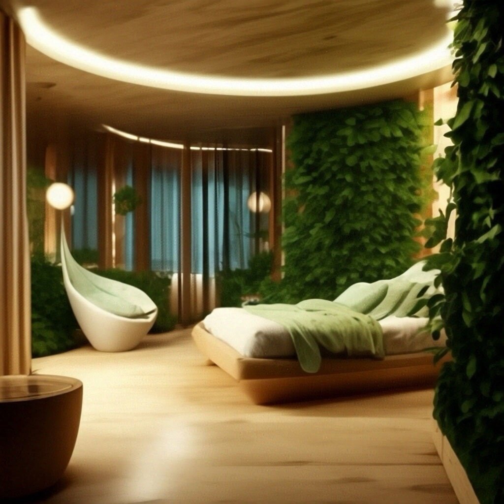 Интерьер женской комнаты в эко-стиле в будущем. Фото из нейросети   