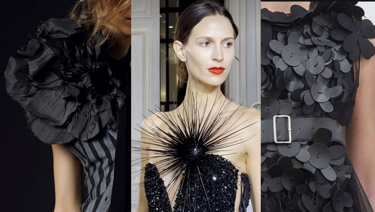 Цветы из ткани, игл дикобраза и пластика в последних модных коллекциях 