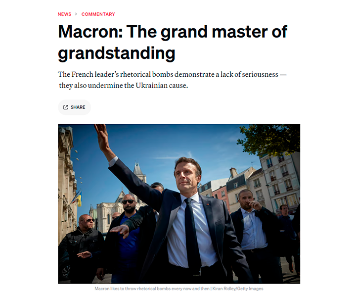    МАКРОН ТОЛКАЕТ ЕВРОПУ НА САМОУБИЙСТВЕННУЮ МИССИЮ. СКРИН С САЙТА POLITICO