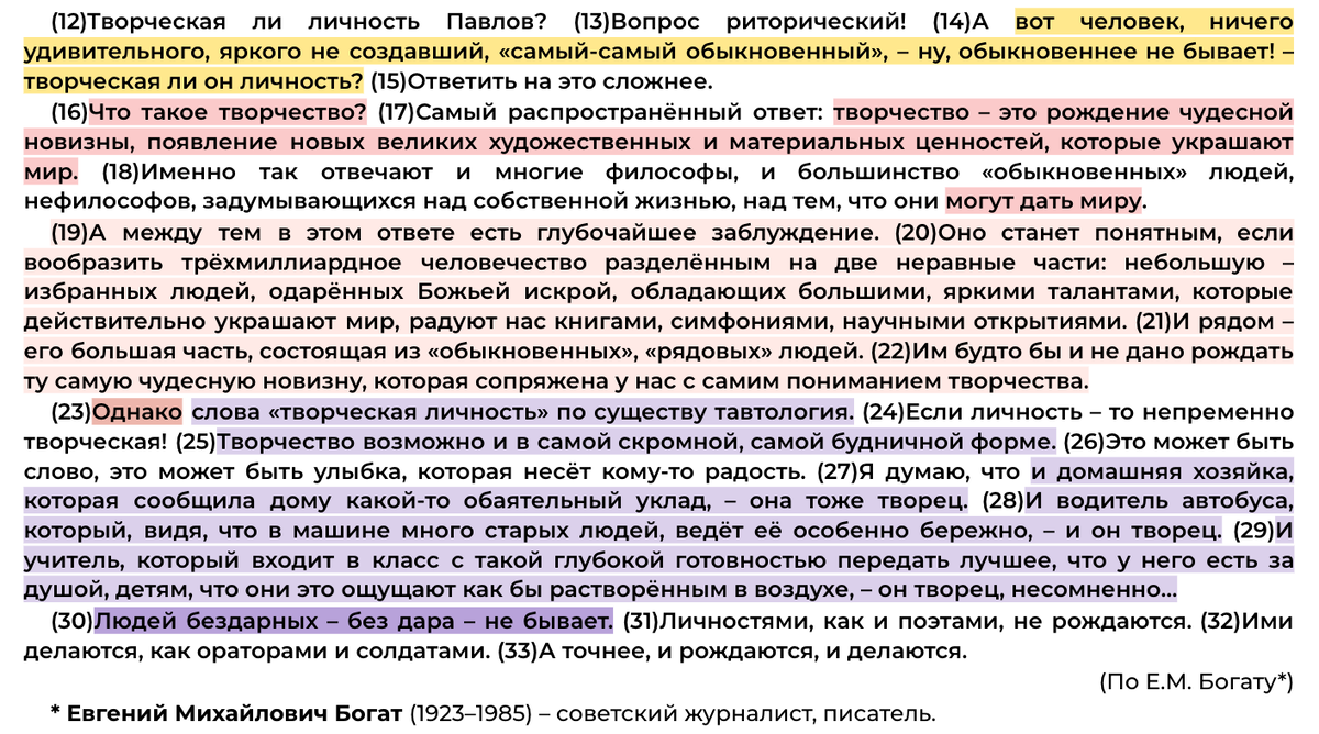 Жёлтый цвет = снова мысль о том, способны ли "обыкновенные" люди на подлинное творчество. Розовый цвет = определение творчества, привычное большинству людей. Светло-розовый цвет = опровержение автором этого представления. Фиолетовый цвет = доказательства автора, примеры подлинного творчества в обыденной жизни; и тёмно-фиолетовый цвет = вывод (позиция автора)