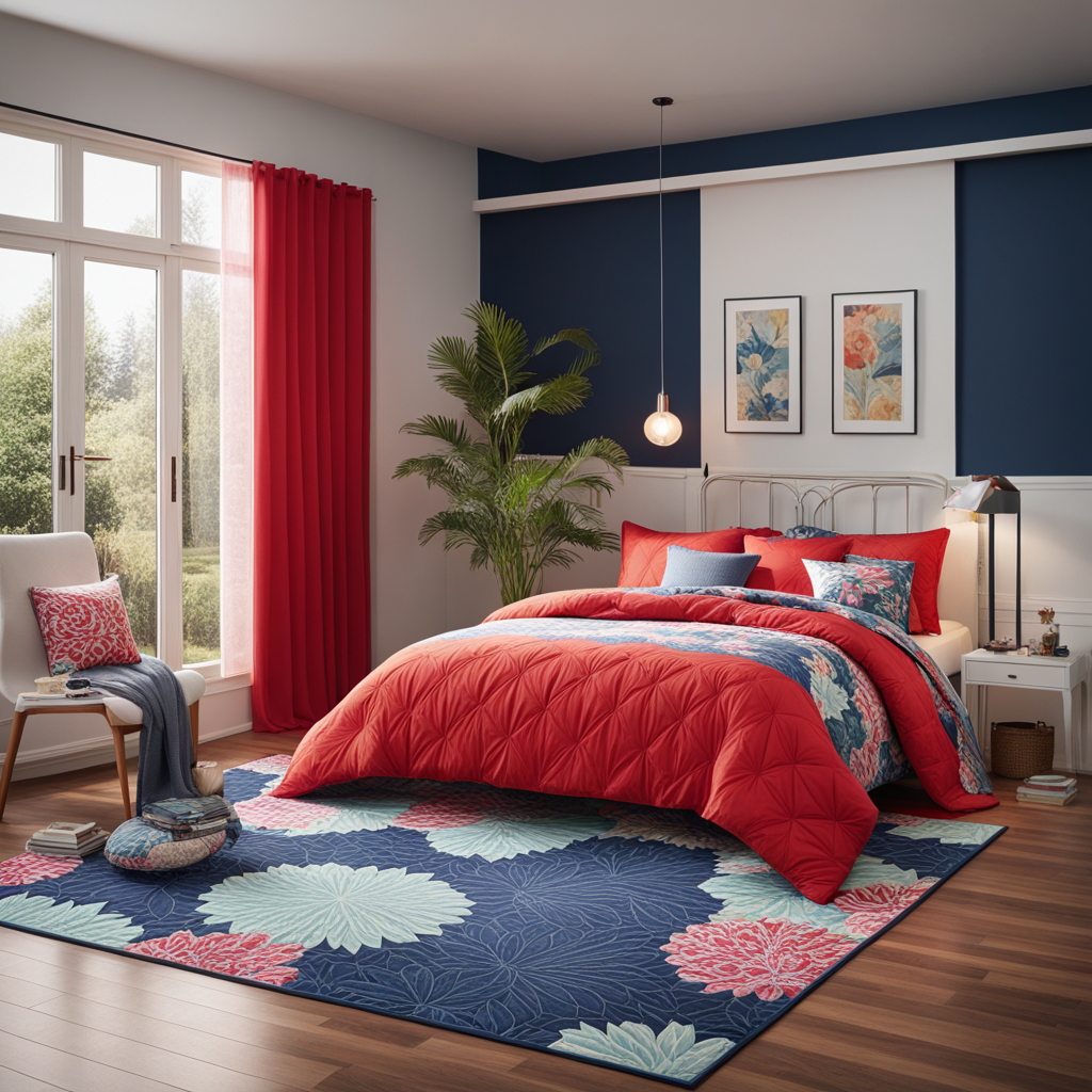 Невероятное сочетание красного и синего в дизайне интерьера спальни в новом русском стиле. Визуализация